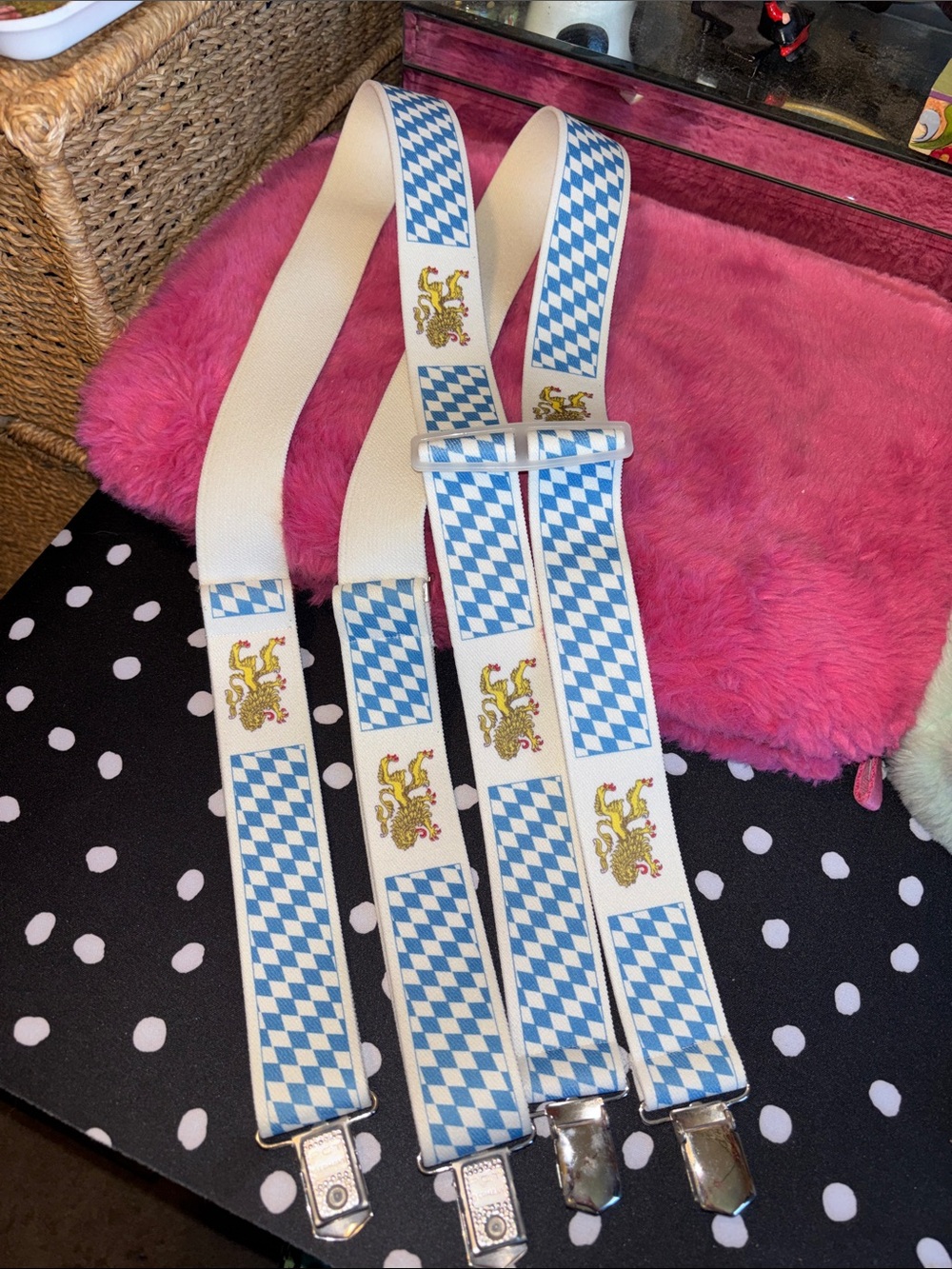 EUC VINTAGE PCT Made in Germany Bavarian suspenders featuring a blue and wh